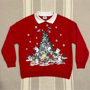 Vintage Cat Christmas Sweatshirt SZ M Red Tacky Ugly Sweater Party Puff Paint